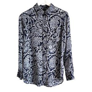 Theory navy & white paisley silk georgette  blouse